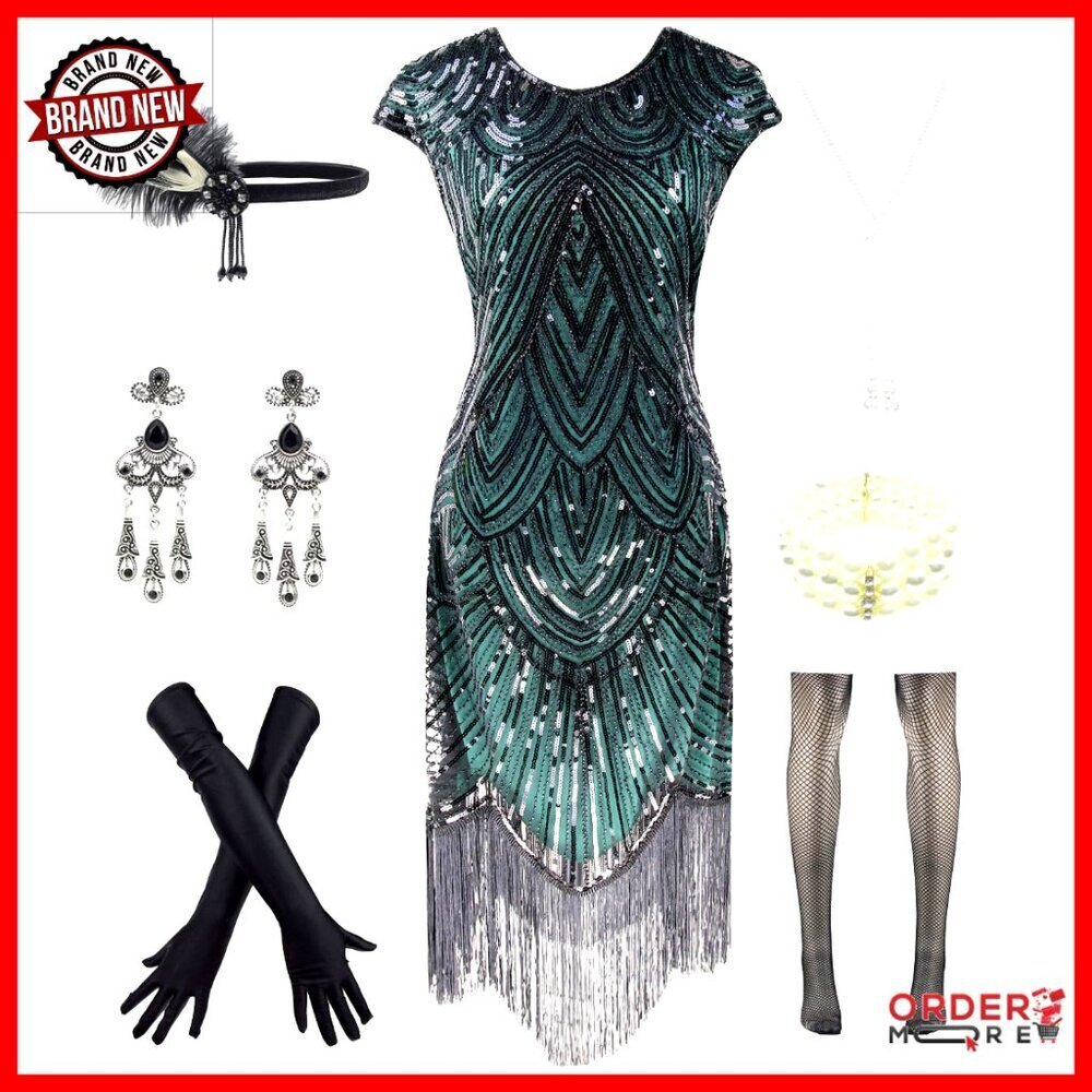 Vintage Lace Fringed Gatsby 1920s Cocktail Dress with Accessories Set